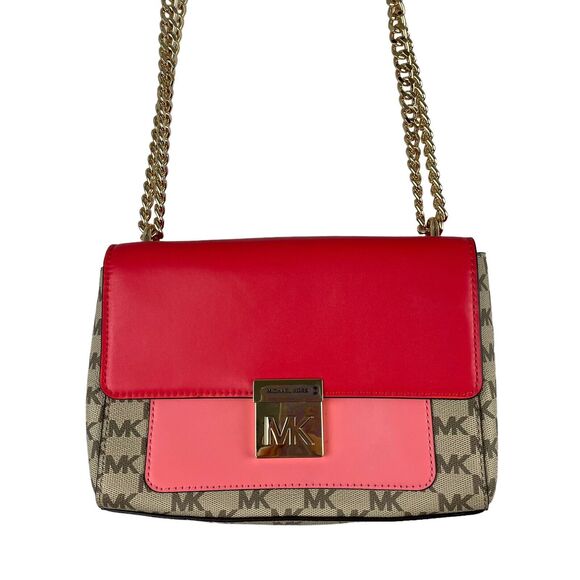 Michael Kors Signature Colorblock Shoulder Bag Pink Chain Strap NEW - Picture 1 of 5